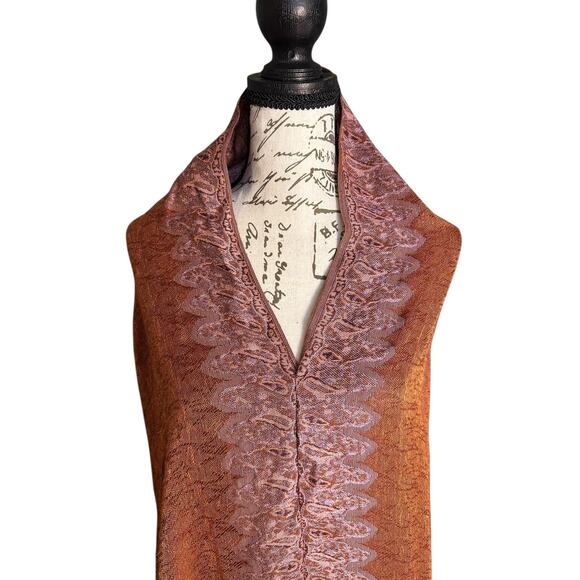 Pashmina & Silk Paisley Shawl Wrap – Burnt Orange & Lavender – Fringe BohoChic - Picture 3 of 7